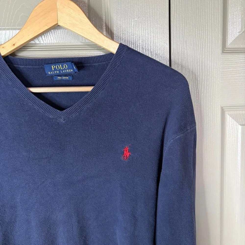 Polo Ralph Lauren Mens Large Navy Blue Pima Cotton V-Neck Sweater Red Pony